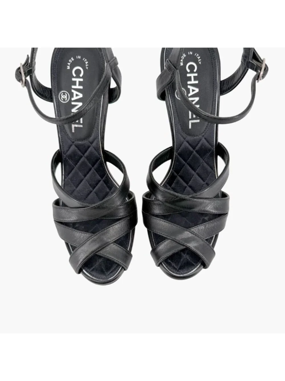 Chanel Black Leather Crystal CC Strappy Heeled Sandals Shoes Size 37 US 6–6.5